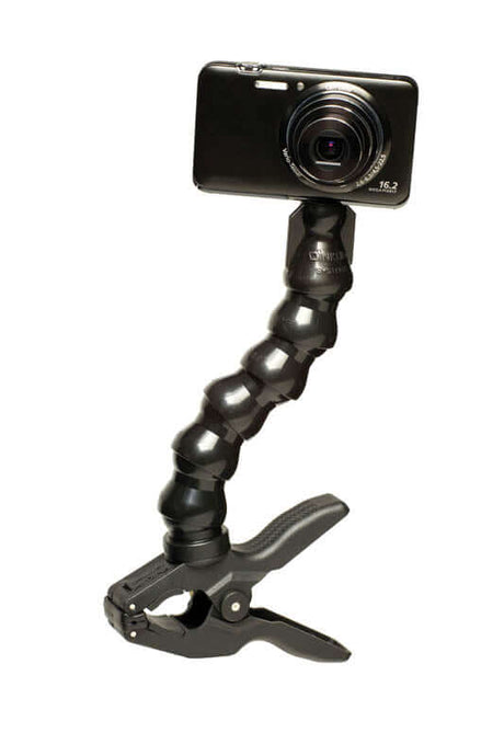 ActionPod® clamping monopod with adjustable arm, holding a camera, ideal for quick and stable mounting solutions.