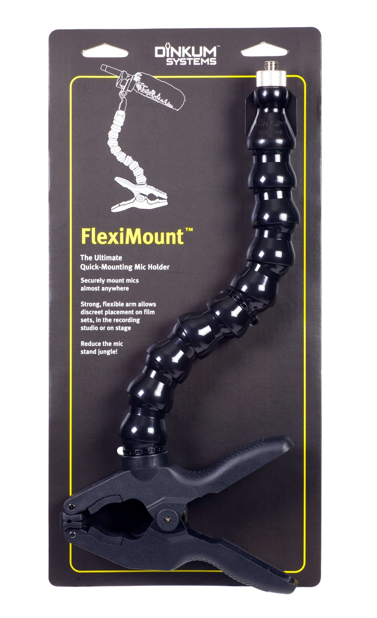 FlexiMount™ quick-clamping microphone mount with strong base and adjustable arm for optimum audio positioning.