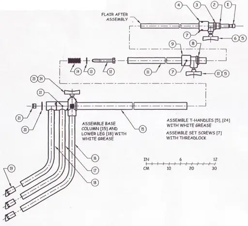 Assembly diagram showing parts and instructions for flare assembly, including T-handles, set screws, and base column dimensions in inches.