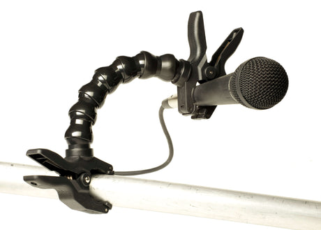 Clamping Top 1" with microphone mounted on flexible arm and clamp, ideal for secure camera setups.