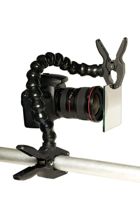 Clamping Top 2" mounted on modular hose arm with camera and lens shade attached, showcasing a versatile photography setup.