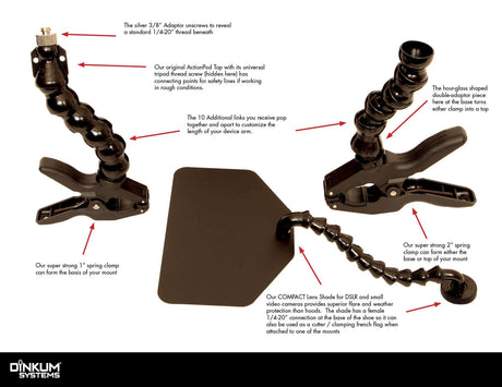 Components of Dinkum Systems DSLR ProPack, featuring clamps and a compact lens shade for versatile camera setups.