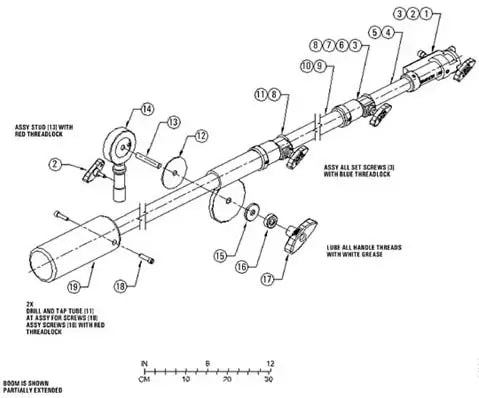 "Exploded view of mechanical arm assembly with numbered parts and instructions for assembly, including threadlock and grease use."
