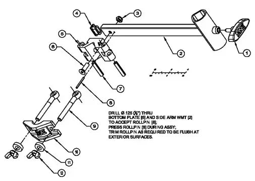 Exploded diagram of mechanical assembly with labeled parts for drill instructions and roll pin placement.