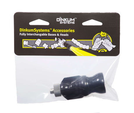 Dinkum Systems® accessory, a black interchangeable base for camera mounts, packaged for retail display.