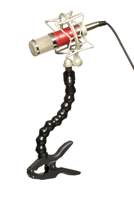 Flexible microphone stand with a clip and a classic style mic, perfect for studio and home recording.