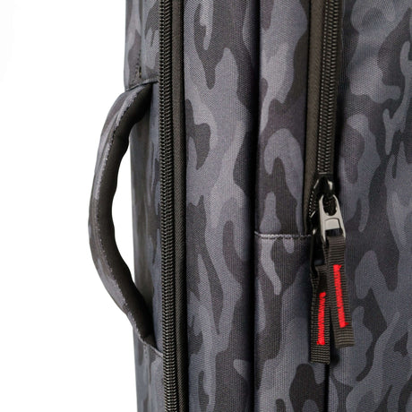 Close-up view of the exterior zipper and handle of the Rolling C+Stand Kit Bag Greyscale Camo Edition.