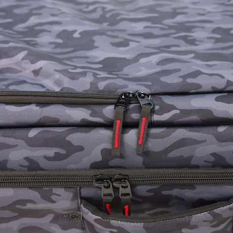 Close-up of zippers on the Rolling C+Stand Kit Bag Greyscale Camo Edition, highlighting its durable design and material.