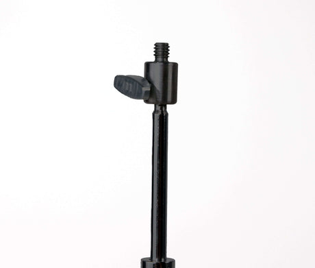Close-up of a black metal tripod extension with a locking knob for secure height adjustment.