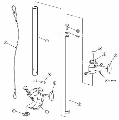 Exploded view diagram of assembly parts and components with labeled numbers, including a cable, rods, and various connectors.