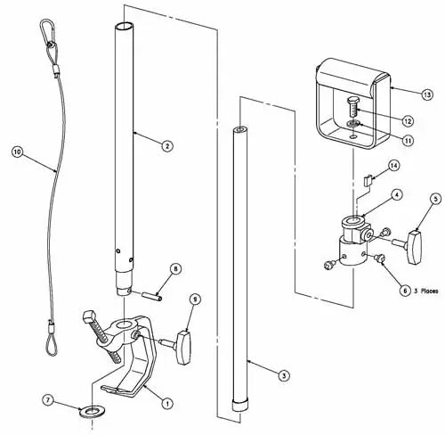 Detailed diagram of a mechanical device with labeled components, including posts, screws, and a clamp mechanism.