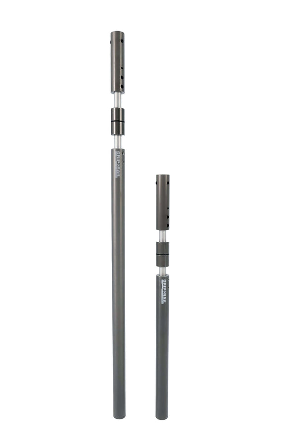 Adjustable telescopic poles in two sizes, ideal for various applications and easy storage.