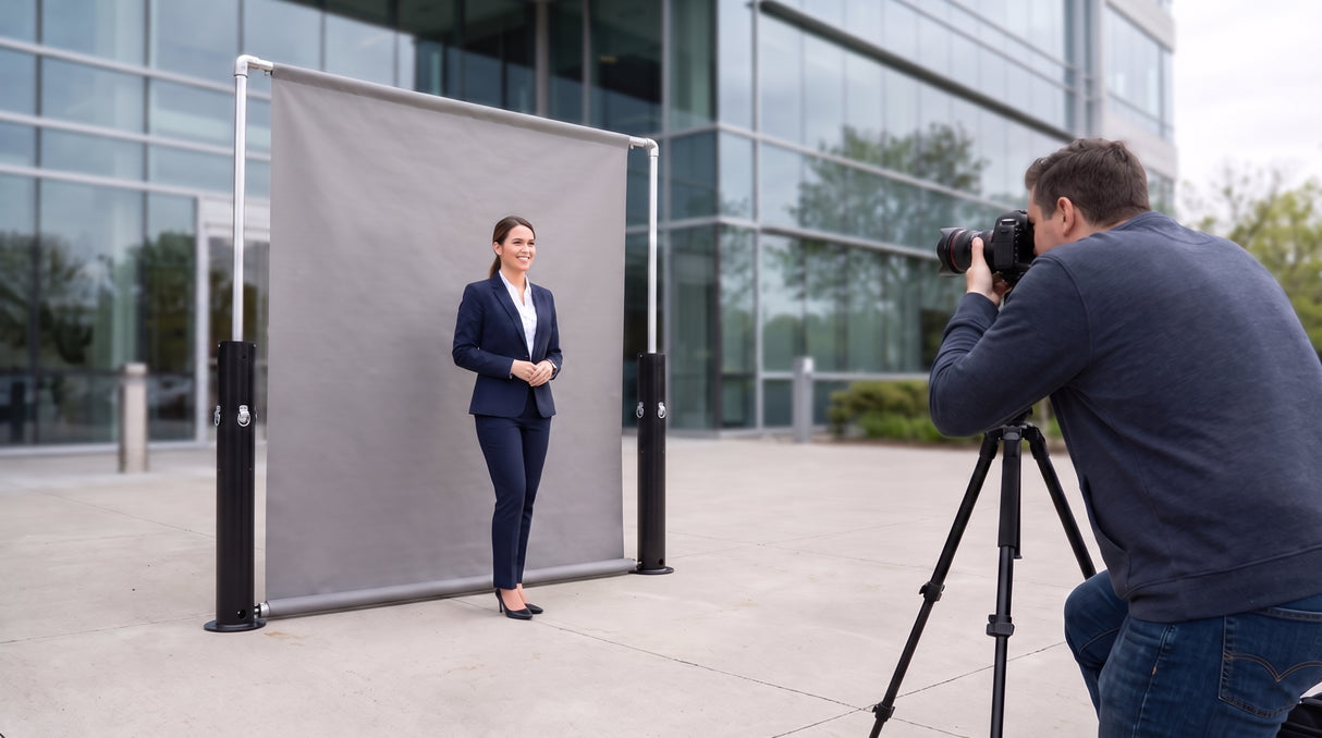 Bollard by Matthews in black supporting an outdoor corporate headshot station backdrop