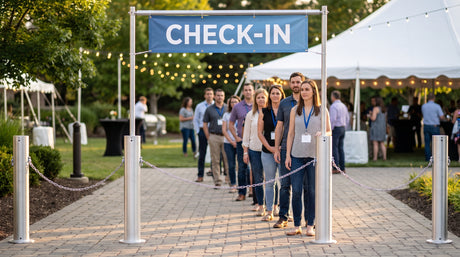 Aluminum Bollards by Matthews with chain crowd control and check-in banner at an outdoor event