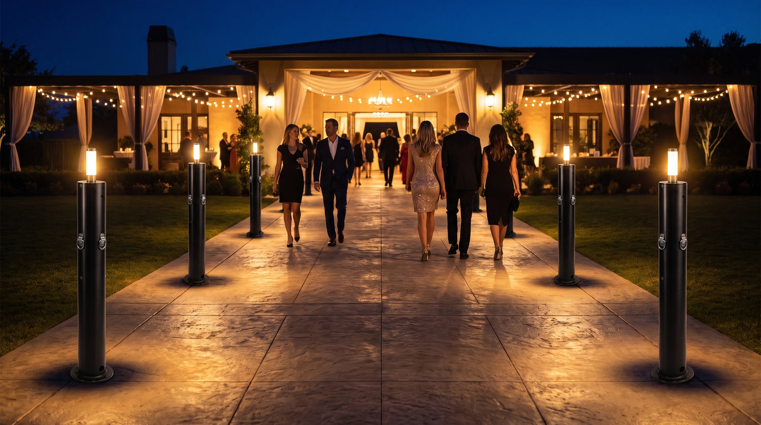 Black Bollards by Matthews with battery-powered lights lining a gala event walkway at night