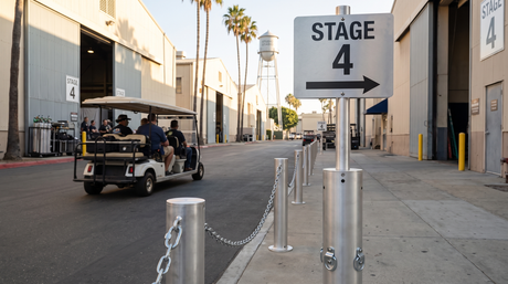 Aluminum Bollards by Matthews with chain and stage signage along a studio lot walkway