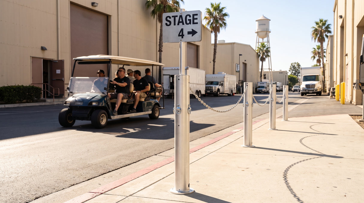 Aluminum Bollard by Matthews holding stage directional signage on a studio lot