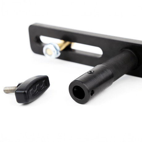 Moving Light Stand Adapter “Cotone Mount” showcasing dual-slotted plate and knurled pin for secure light mounting.