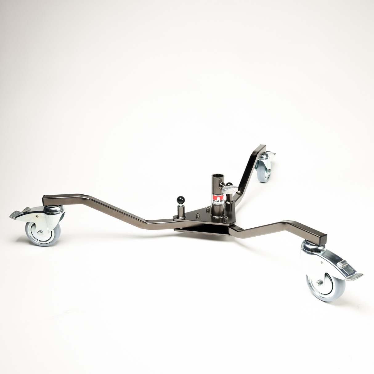 Matthews Runway Base in smokey chrome finish with three locking casters and junior receiver