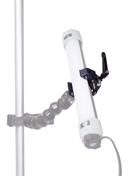 Savior Clamp for Dinkum DS1005 securely holding a light on a pole, featuring strong clamp and flexible segments.