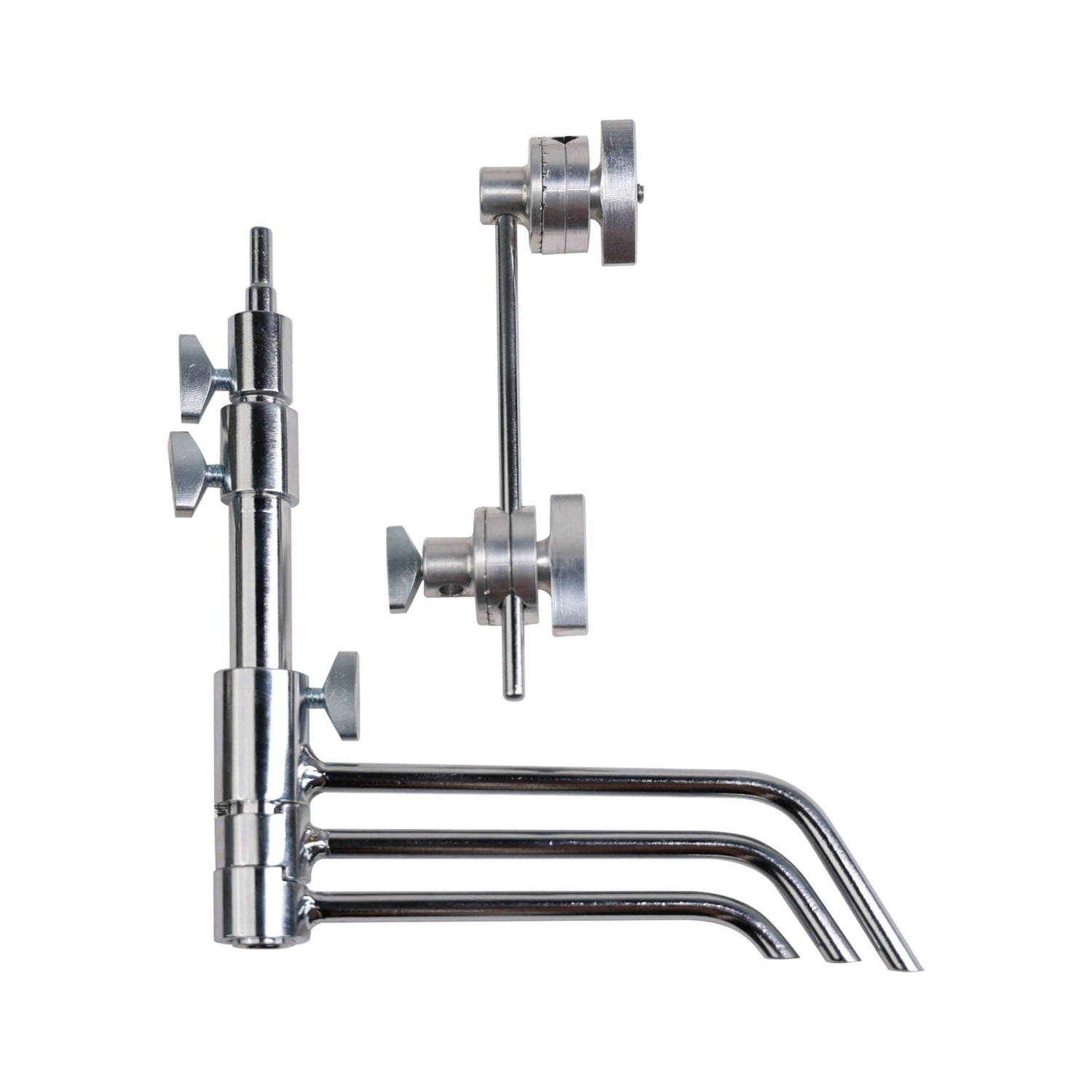 Matthews 5" Pocket C-Stand components showcasing chrome finish and adjustable arms for photography support.