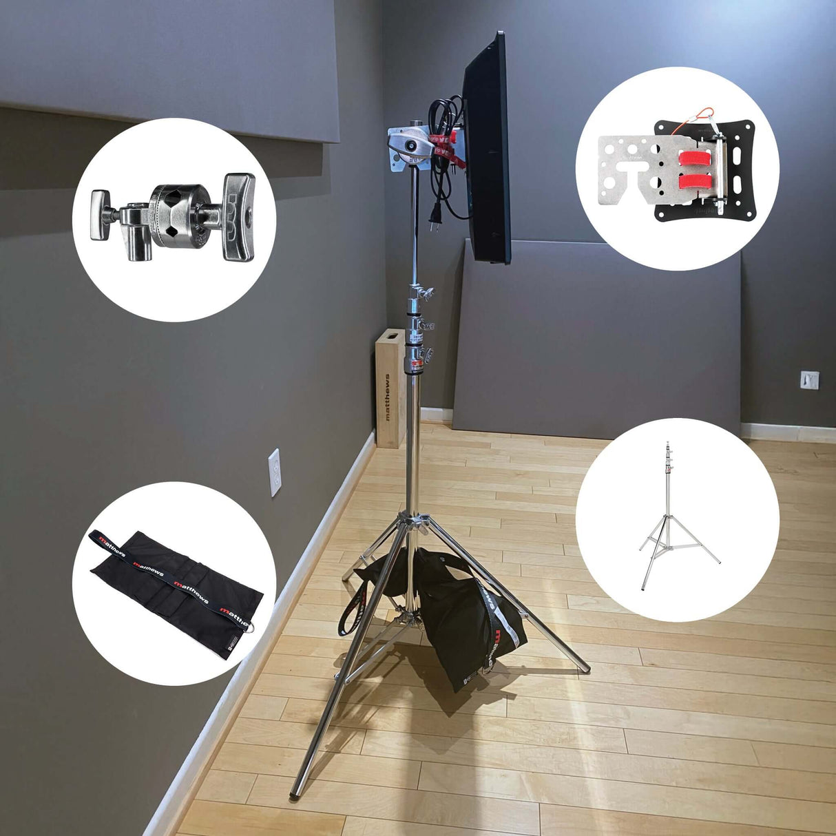 Starter Monitor Stand Kit showcasing lightweight setup, including clamp, monitor mount, carry bag, and support stand.