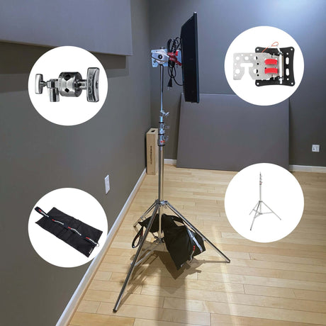 Starter Monitor Stand Kit showcasing lightweight setup, including clamp, monitor mount, carry bag, and support stand.