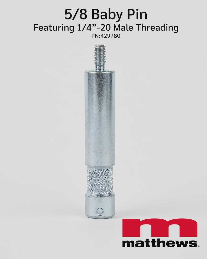 5/8 inch baby pin with 1/4-20 thread, PN 429780, shown threading into a mount