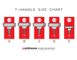 Matthews T-Handle Size Chart — knurled, serrated, bullet, plain and flat styles with thread sizes and part numbers
