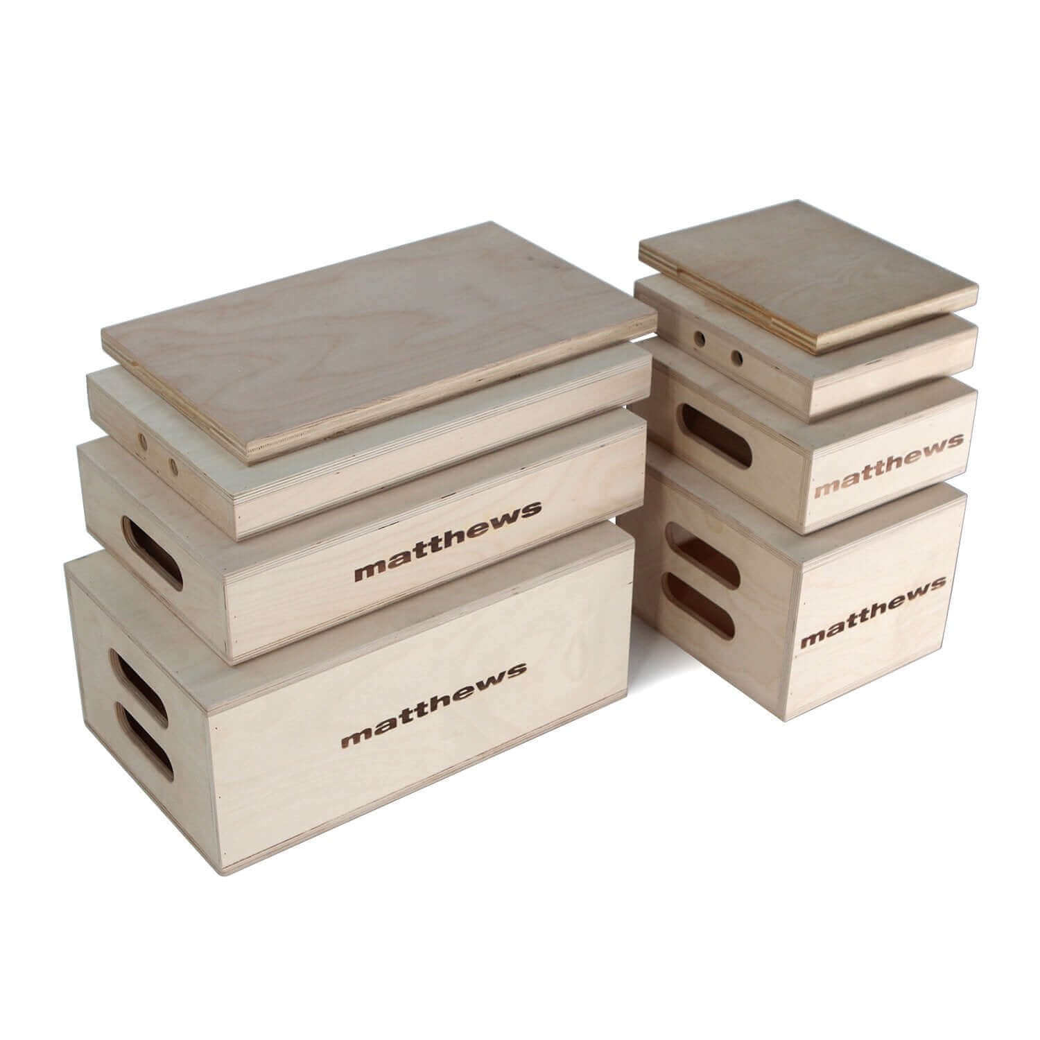 Assorted sizes of Matthews apple boxes for versatile use in propping, leveling, sitting, and standing. Perfect for holding low angle lighting fixtures.