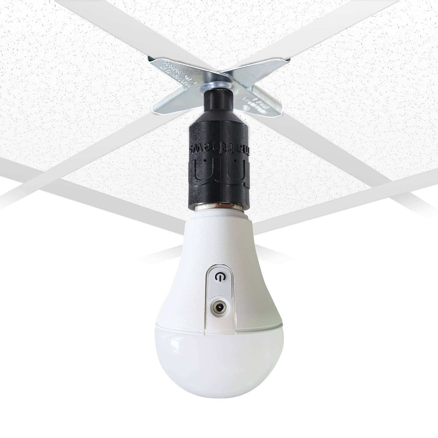 BM1® Mounting Kit with E26/E27 bulb mounted on a drop ceiling grid for versatile lighting options.