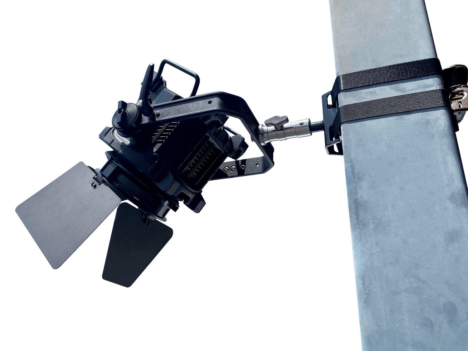 LB2™ Location Baby Bracket securely mounting a light fixture to a metal post for versatile gear placement.