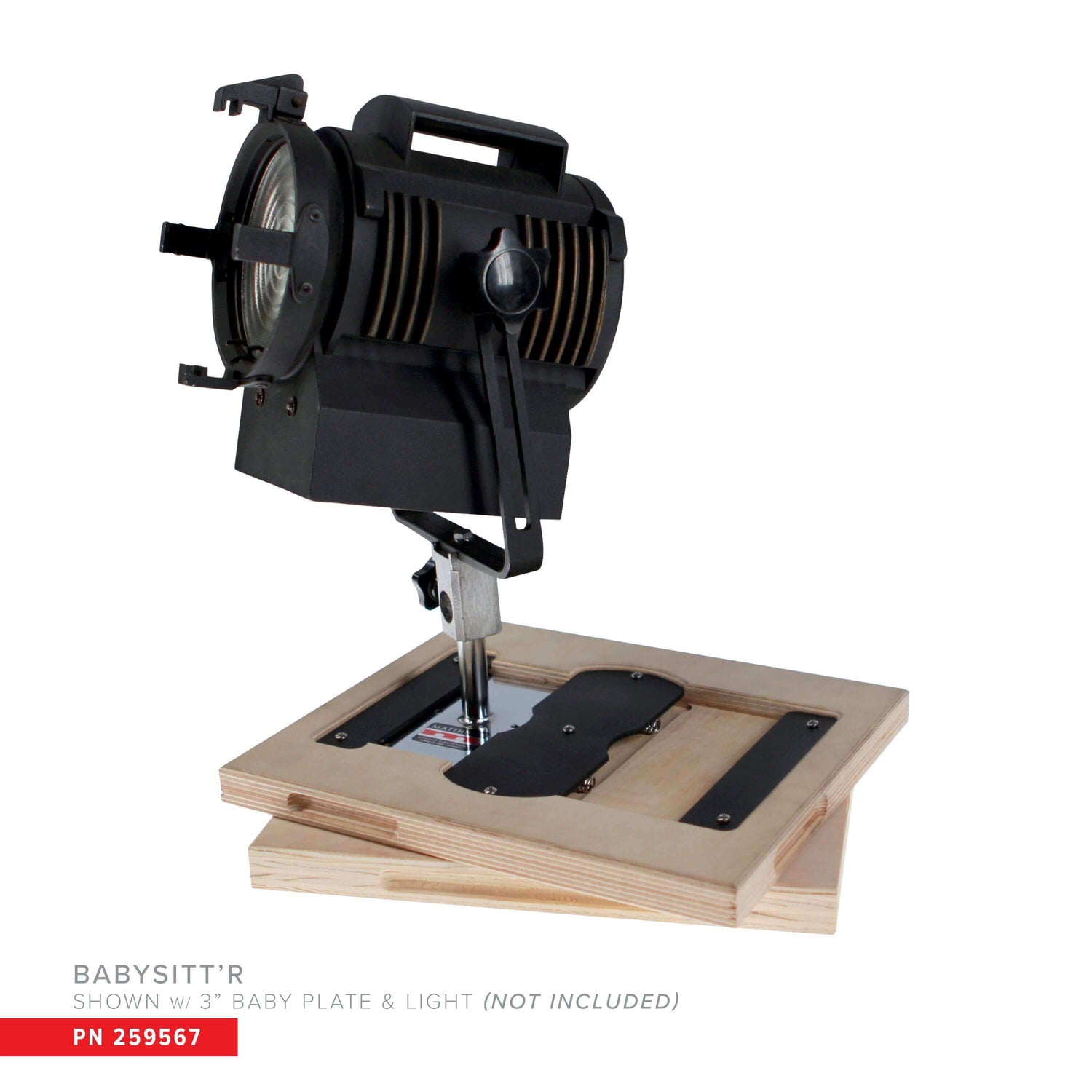 BabySitt'r mount showcasing a light fixture with a wooden base, demonstrating secure attachment with baby plate (not included).