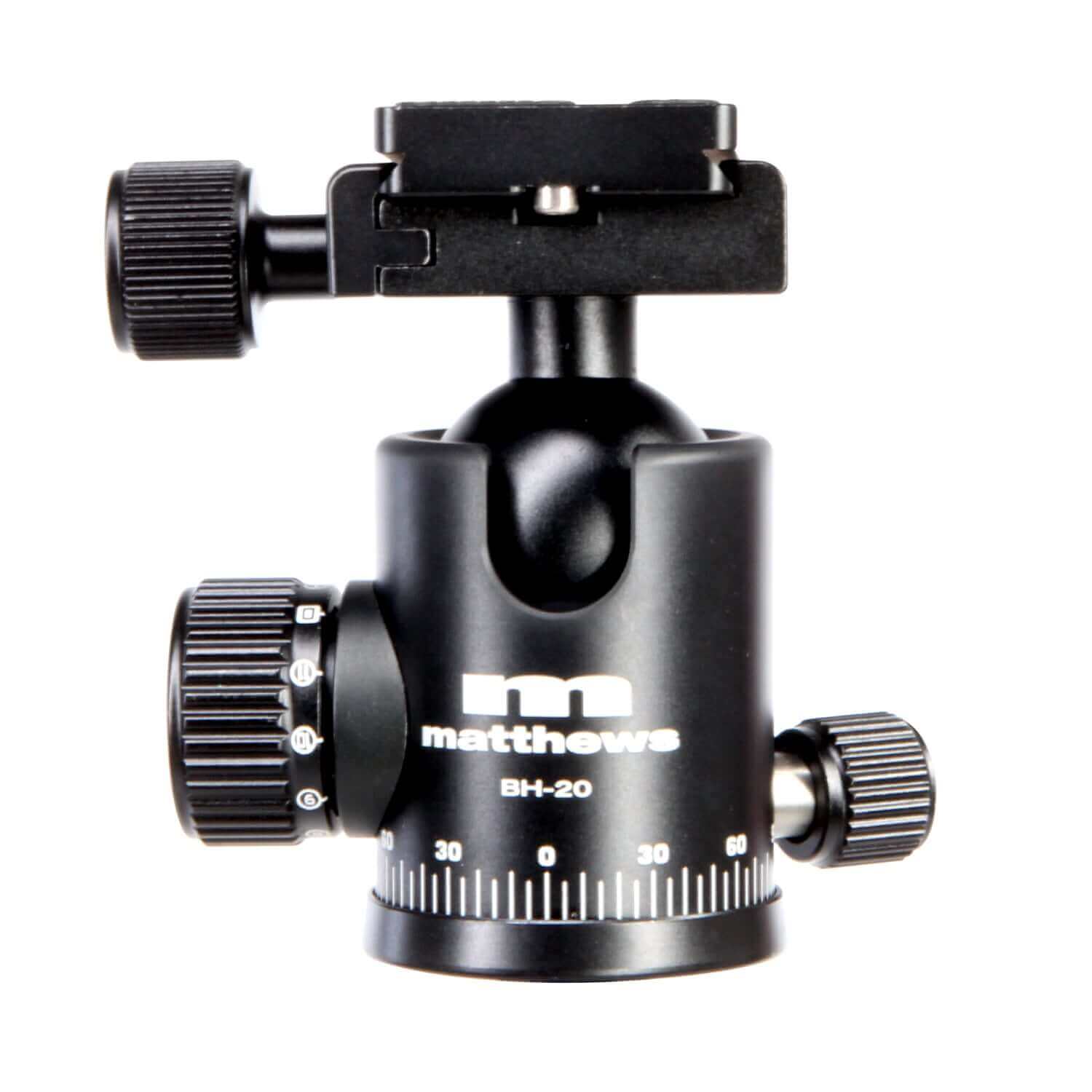 BH-20 Ball Head Mount by Matthews, CNC machined from solid bar stock with precision quick release plate, secure camera locking mechanism