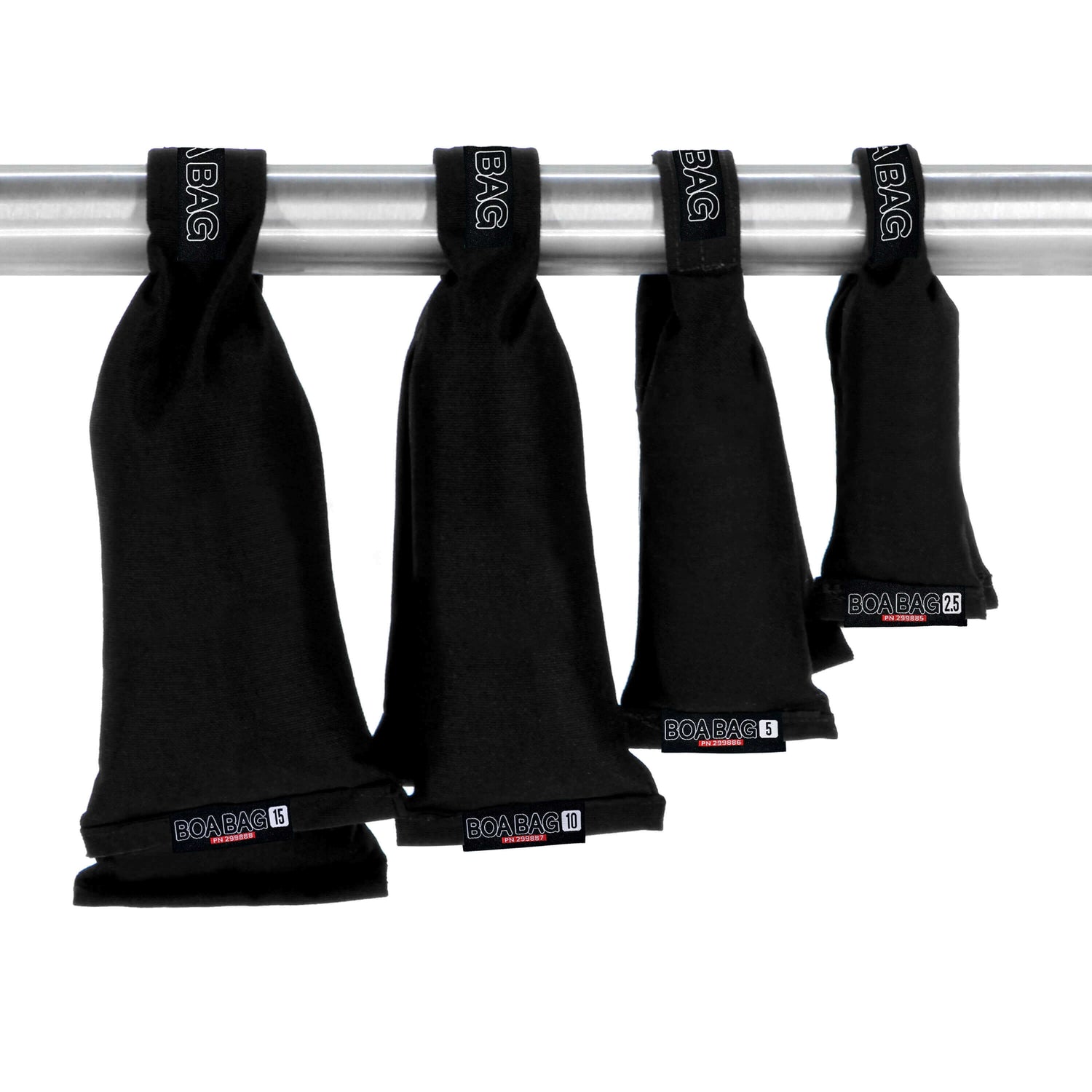 Four BOA BAGS in various sizes hanging on a rail, showcasing their versatility for grip equipment support.