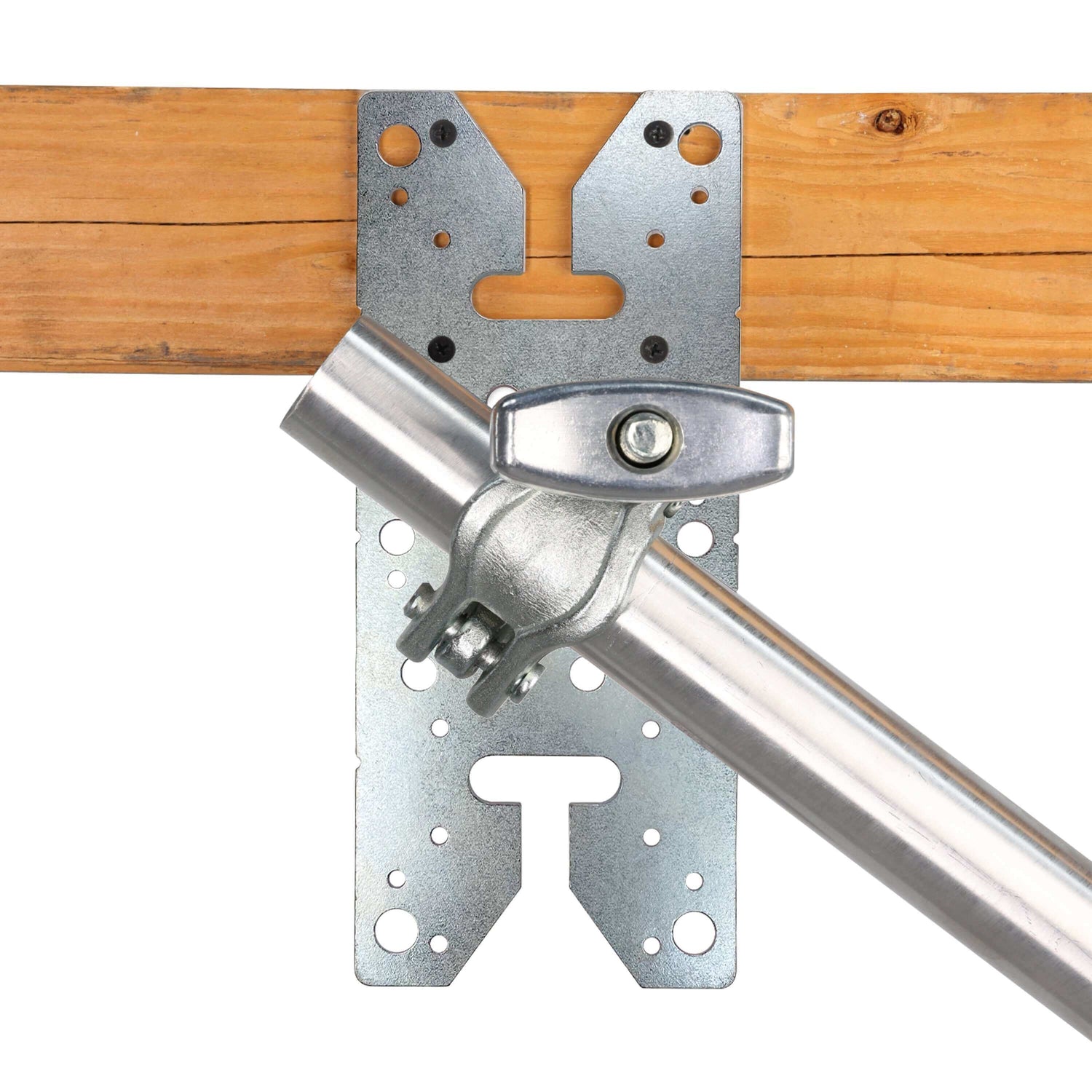 Gobo Plate XL mounted on wood, showcasing heavy-duty steel construction and secure grip for versatile rigging options.