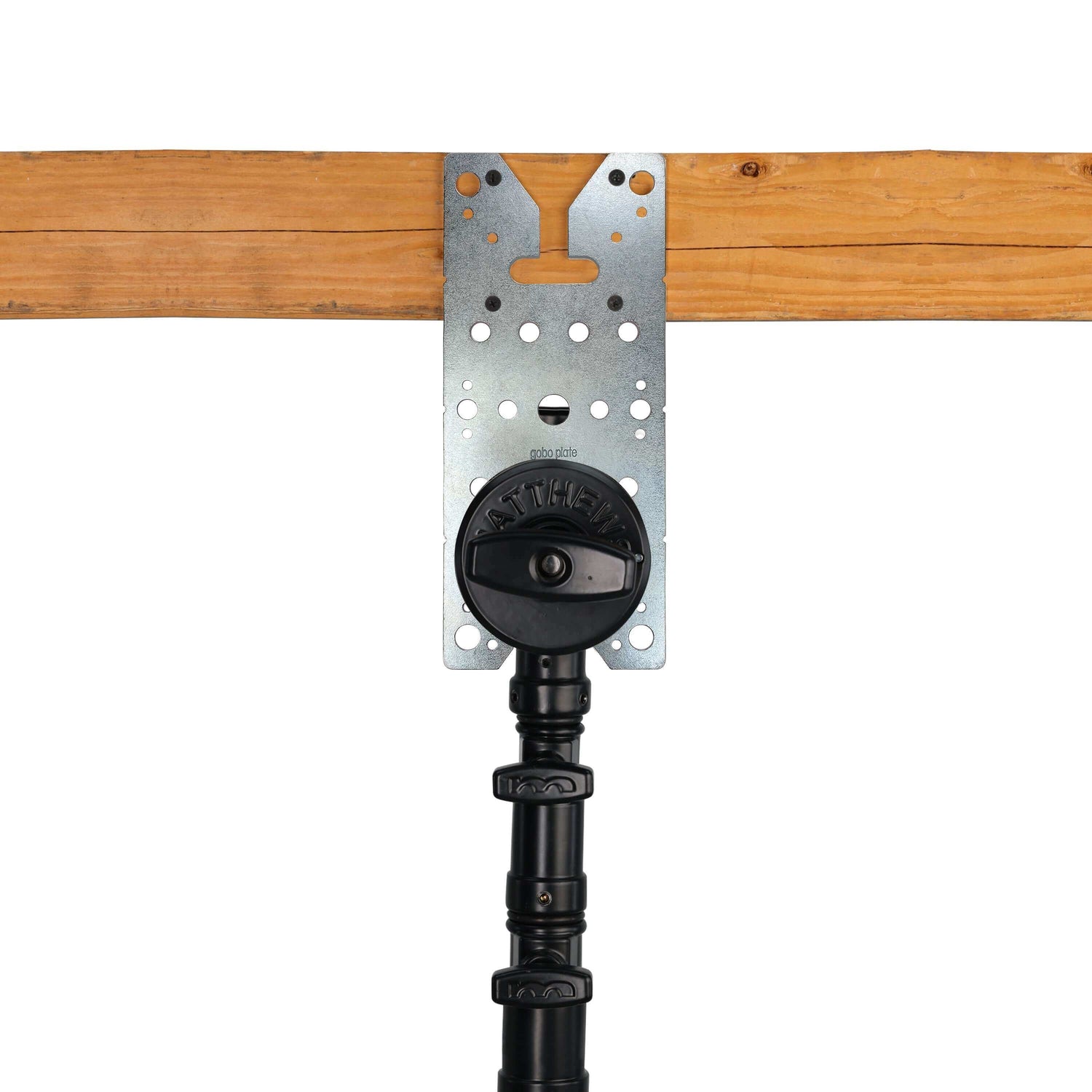 Gobo Plate XL mounted on wooden beam with adjustable grip head for heavy-duty rigging solutions and versatile setup options.