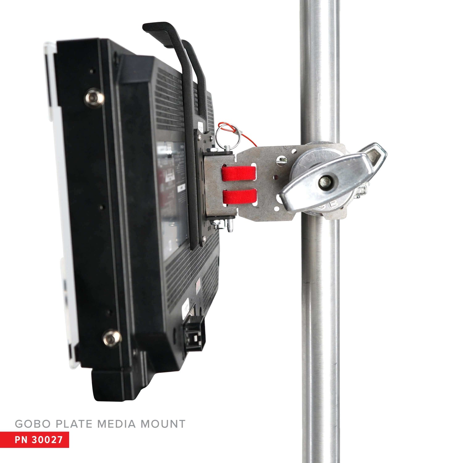 Gobo Plate Media Mount securely holding a monitor on a C-Stand, showcasing its versatility for on-set use.