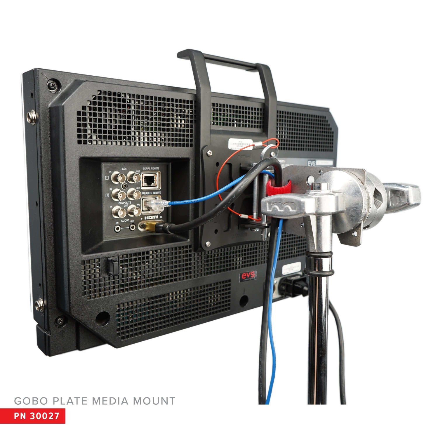 Gobo Plate Media Mount attached to a C-Stand, showcasing monitor connectivity for on-set versatility and ease of use.