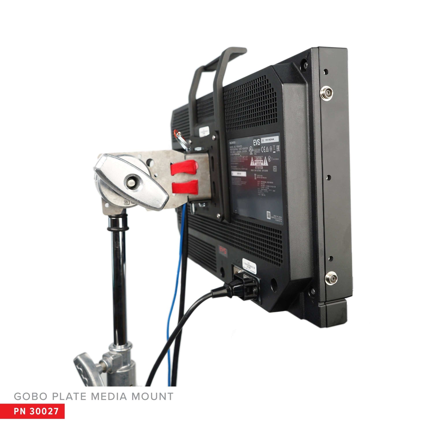 Gobo Plate Media Mount attached to monitor on C-Stand, showcasing its simplicity and versatility for on-set use.