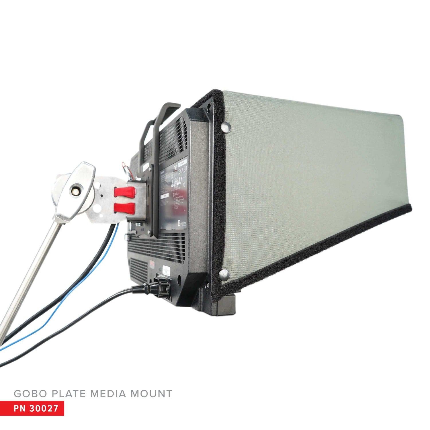 Gobo Plate Media Mount securely holding a monitor on a C-Stand, showcasing its user-friendly design and versatility.