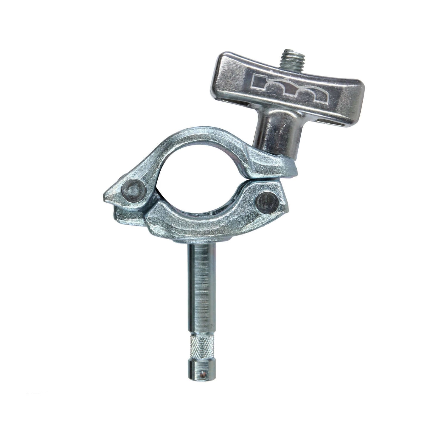 Baby Grid Clamp for secure mounting of light fixtures, fits 1-1/4" to 1-1/2" pipes, ideal for overhead grids and camera rigs.