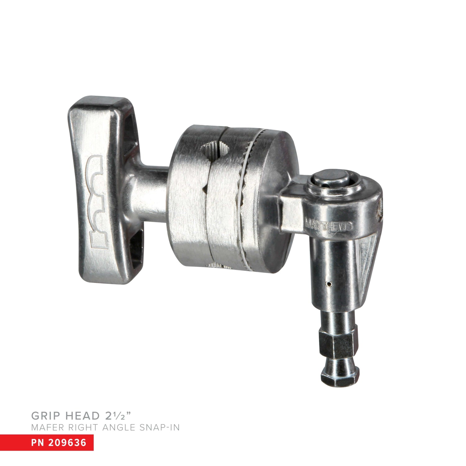 Matthews Grip Head 2.5" with Mafer right angle snap-in, featuring robust design and multiple mounting options.