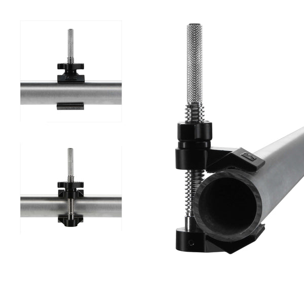 Mini Matthellini clamp with 1/4"-20 threaded female connection, showcasing front and back views on a pipe.