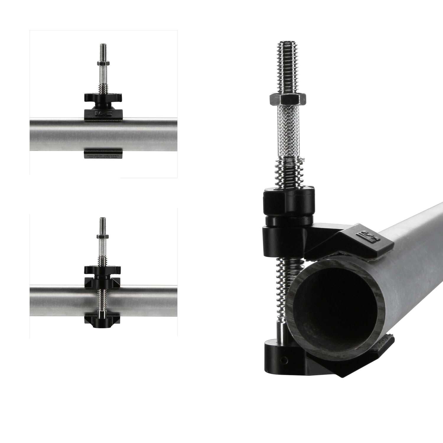 Mini Matthellini with 3/8" threaded pin gripping round tubing in various positions.